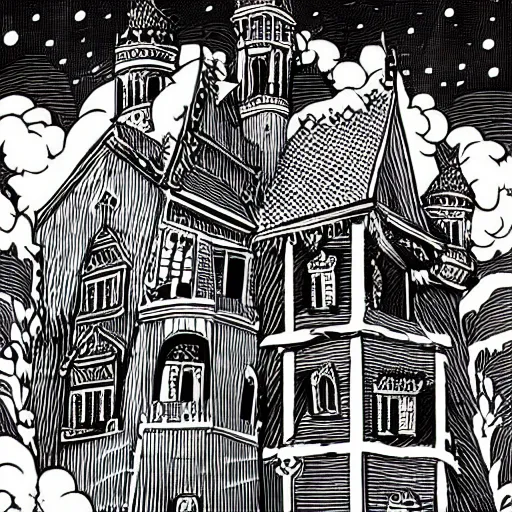 Image similar to mcbess illustration of a gothic mansion with an ansel adams backdrop