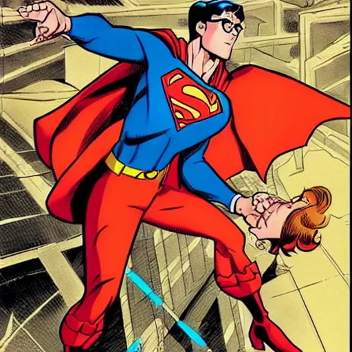 Image similar to Velma from Scooby-doo knocks out Superman, comic book, high action, concept art