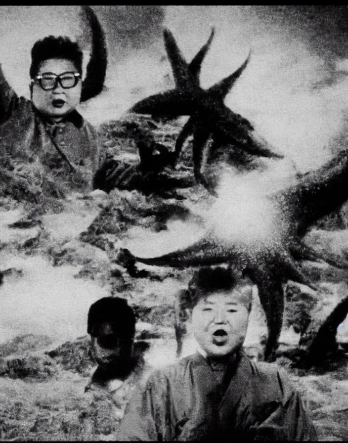 Image similar to very low - resolution found footage of kim jong - il and a starfish kaiju monster, fog, foggy, korean film noir, monochrome, red hue, thriller, underdeveloped, epic, dramatic