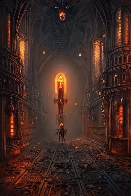 Image similar to steam necropolis, memento mori, gothic, neo - gothic, art nouveau, hyperdetailed copper patina medieval icon, stefan morrell, philippe druillet, ralph mcquarrie, concept art, steampunk, unreal engine, detailed intricate environment, octane render, moody atmospherics, volumetric lighting, ultrasharp