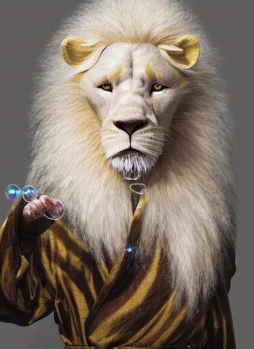 Prompt: an anthropomorphic beautiful male furry anthro albino lion portrait blowing bubbles wearing stripes robe, curly hair, fine art, award winning, intricate, elegant, sharp focus, octane render, hyperrealistic, cinematic lighting, highly detailed, digital painting, 8 k concept art, art by jamie hewlett and z. w. gu, masterpiece, trending on artstation, 8 k