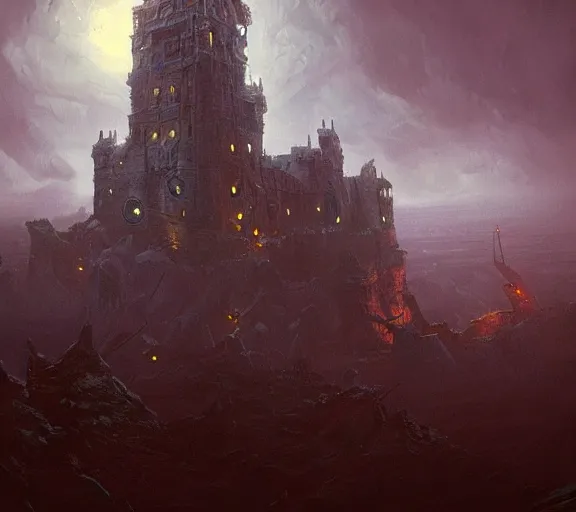 Image similar to A towering Castle made of eyeballs and tentacles, Lovecraftian, 4k, masterpiece, cinematic, glowing, by Greg Rutkowski, Trending on Artstation, Behance.