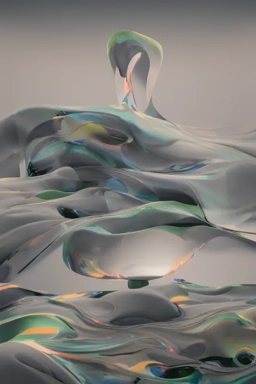 Prompt: perfect abstract concept art landscape by james jean and bridget riley and apple, fluid simulation in houdini paint suspended in oil, anti - gravity, glossy plastic, subsurface scattering, volumetric, natural muted tones, trending on artstation, rendered in octane, cgsociety