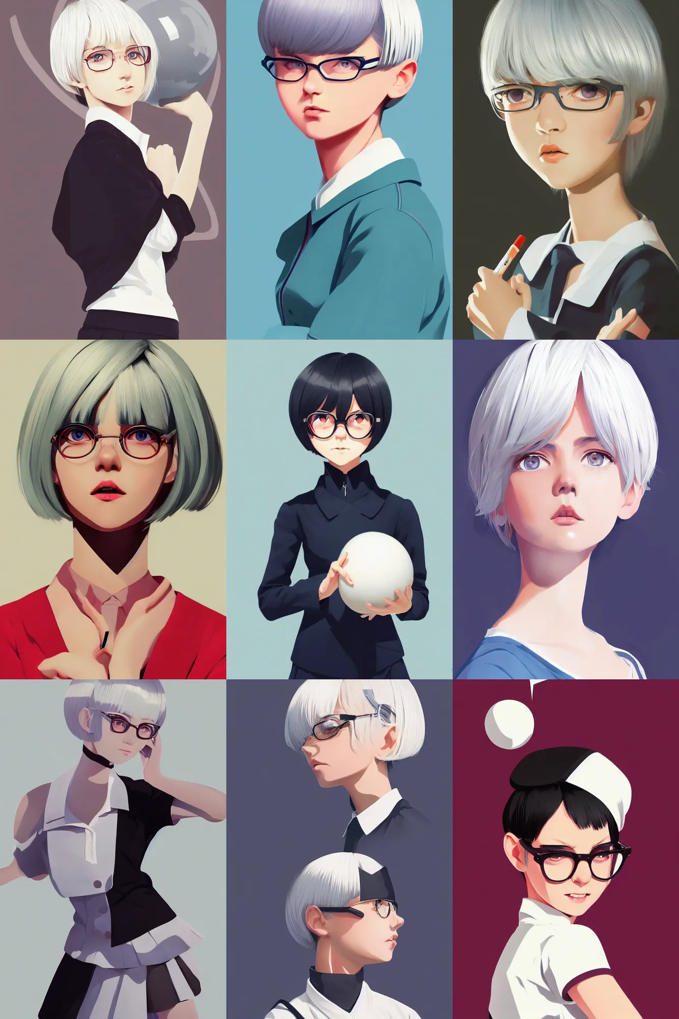 Prompt: a cute girl with cut to shoulder white hair wearing school uniform, double ball head, dynamic, sharp focus, pure background color, illustration, morandi color scheme, art station, by ilya kuvshinov