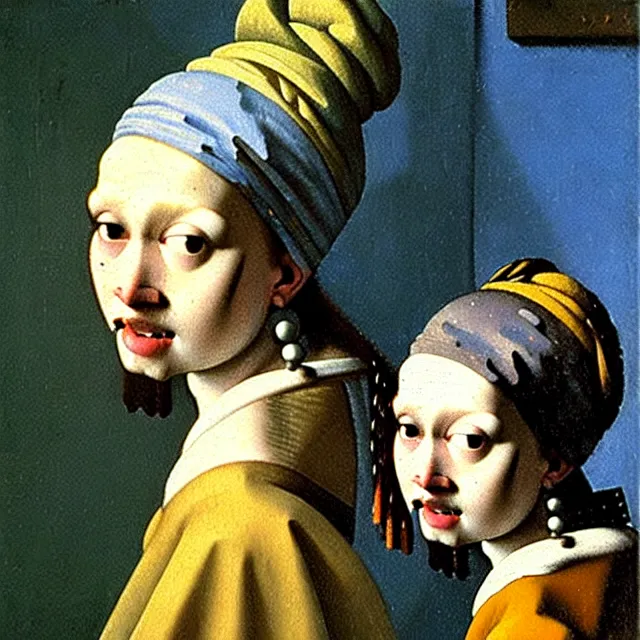 Image similar to a beautiful painting the cow is looking in the mirror, by jan vermeer a young girl with pearl earrings realistic oil painting