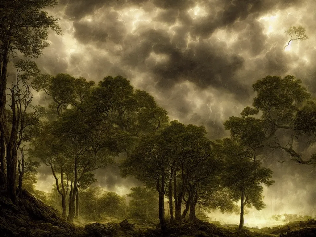 Prompt: detailed landscape, forests. very detailed dark super storm, hyper realistic clouds, impressive, magical, very atmospheric, smoke boiling, cinematic, deep, very high complexity, stunning, masterpiece, chiaroscuro, in the style of caspar david friedrich and laura den hertog, very detailed. 4 k