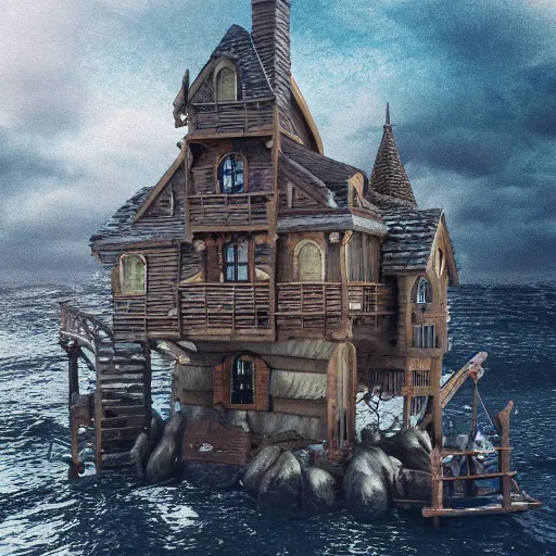 Prompt: a witches house on the ocean, epic scene, fantasy, redshift render, cgi, hyper - detailed, photo - bash, 8 k post - production, masterpiece