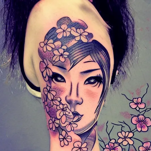 Image similar to tattoo design, stencil, traditional Japanese, beautiful portrait of a girl surrounded by flowers by artgerm, artgerm, digital art