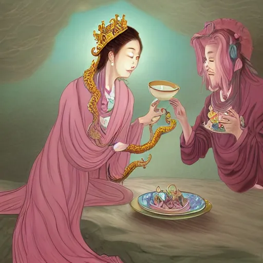 Image similar to style of Guo Hua,The light pink Queen of the Sea waves and her devoted servant gold octopus drink tea ,digital art,atmospheric