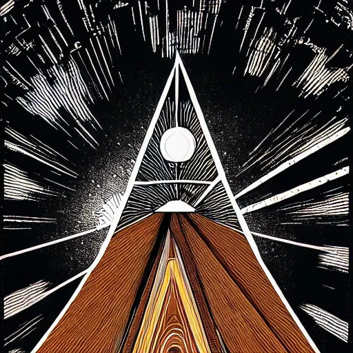 Prompt: Totem of the techno monolith of radial geometric sun above angular geological bedrock with a detailed technology embedded within it , black fine lines on damaged vintage tape , warm brown, geocore, geopunk , Dan mumford , stanley donwood