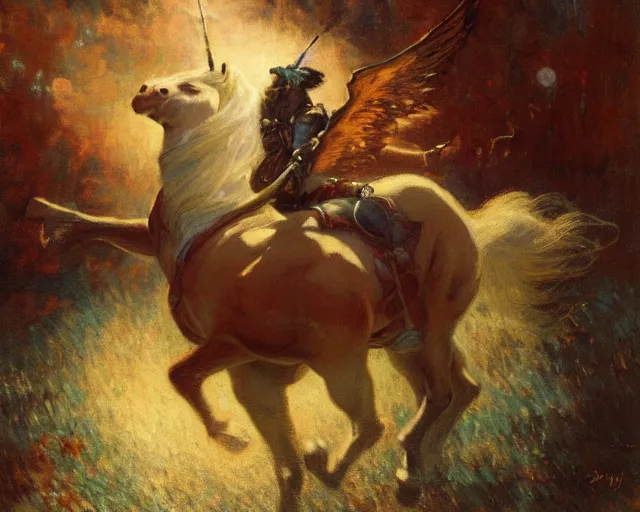 Prompt: rider on a unicorn through the dark, painting by gaston bussiere, craig mullins, j. c. leyendecker
