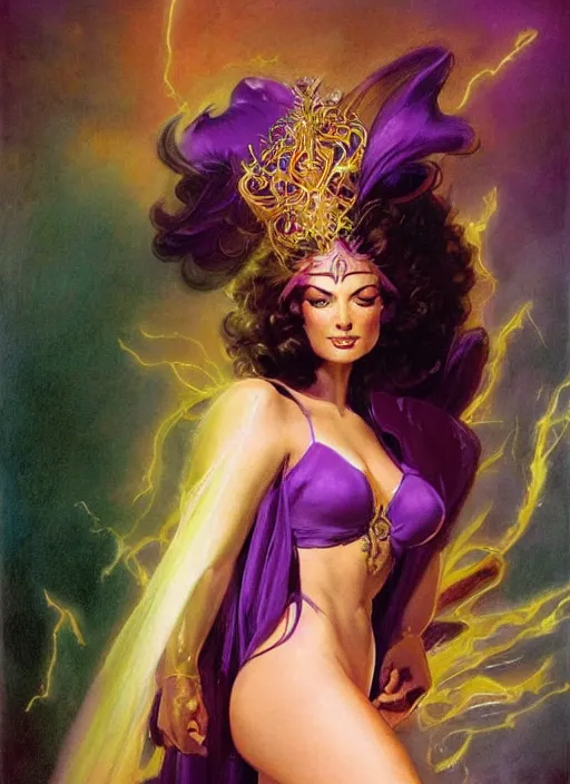 Image similar to portrait of plump female sorceress, golden tiara, purple robe and veil, lightning halo, strong line, muted color, beautiful! coherent! by frank frazetta, by boris vallejo