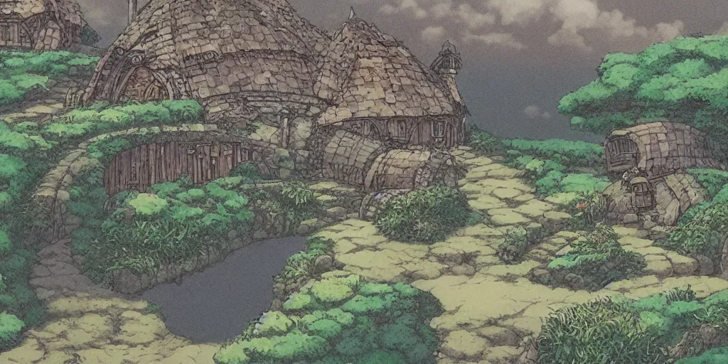 Image similar to a still of a background from spirited away of hobbiton, studio ghibli