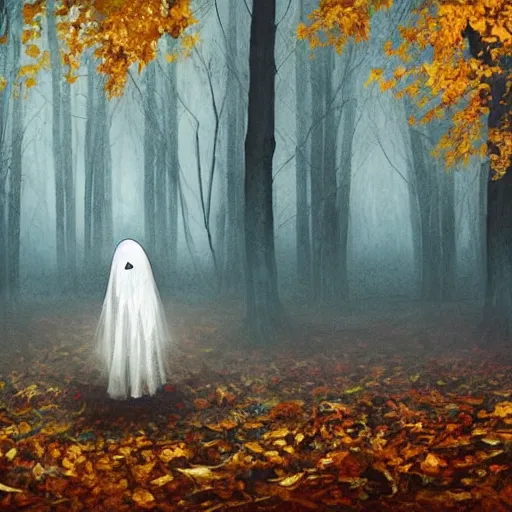 Prompt: ominous bedsheet ghost standing in an autumn forest, oil painting, brush strokes, gloomy misty atmosphere, symmetrical, full body image, highly ornate intricate details,