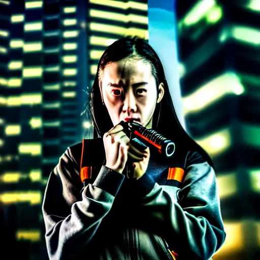 Image similar to photographic portrait of a techwear woman holding a shotgun, holding shotgun down, closeup, on the rooftop of a futuristic city at night, sigma 85mm f/1.4, 4k, depth of field, high resolution, full color, award winning photography, inspired by Kill Bill, inspired by John Wick, inspired by Die Hard, movies with guns, movie firearms