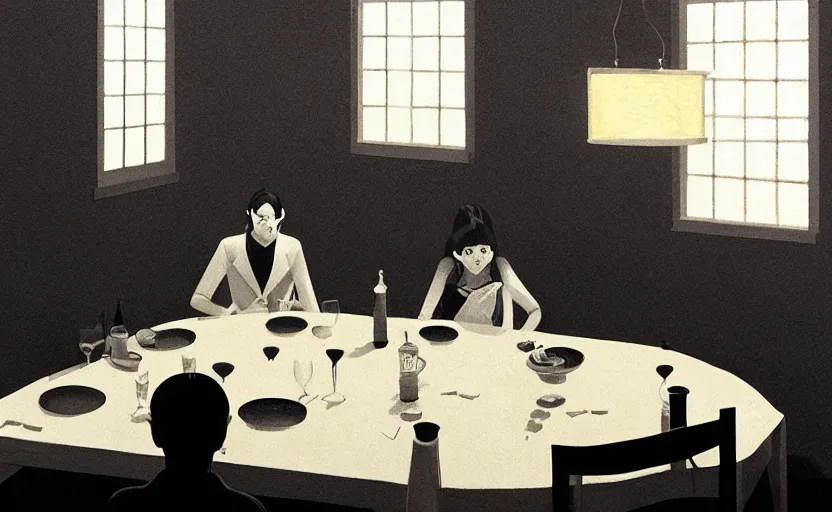 Image similar to a mysterious dinner scene illustration by atey ghailan and escher and edward hopper, japanese surreal