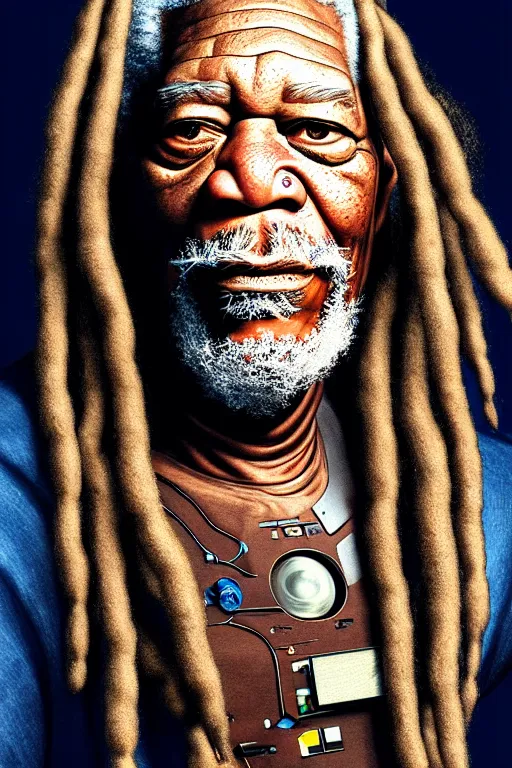 Prompt: a very detailed portrait of a old African man, Morgan Freeman, with dreadlocks, biotech, machine, photorealistic, highly detailed rendering with a cyberpunk style_ robotic arms, dramatic cinematic lighting