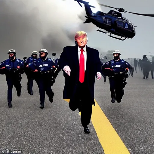 Image similar to donald trump running from policemen that are chasing him behind him, helicopters and explosions in the background