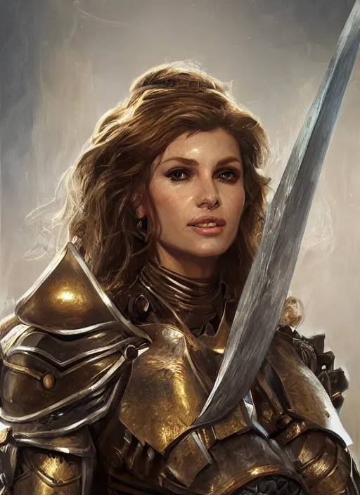 Prompt: portrait of rachel welch as a legendary knight warrior, hyper detailed, digital art, trending in artstation, cinematic lighting, studio quality, smooth render, unreal engine 5 rendered, octane rendered, art style by klimt and nixeu and ian sprigger and wlop and krenz cushart.