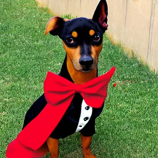 Image similar to pinscher wearing a black tuxedo and a red tie