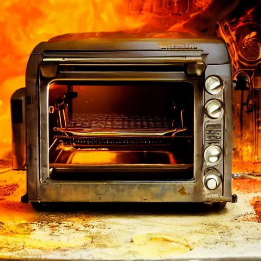 Image similar to head of toaster oven mecha, dark messy smoke - filled cluttered workshop, dark, dramatic lighting, orange tint, cinematic, highly detailed, sci - fi, futuristic, movie still