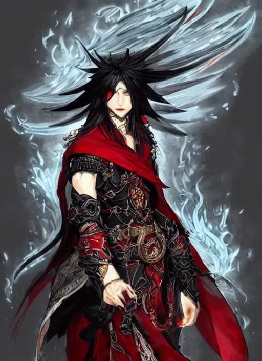 Prompt: Half body portrait of a handsome elf fire mage with long black hair wearing ornate scarlet robe, crazy grin, flame, anarchy. In style of Yoji Shinkawa and Hyung-tae Kim, trending on ArtStation, dark fantasy, great composition, concept art, highly detailed, dynamic pose.