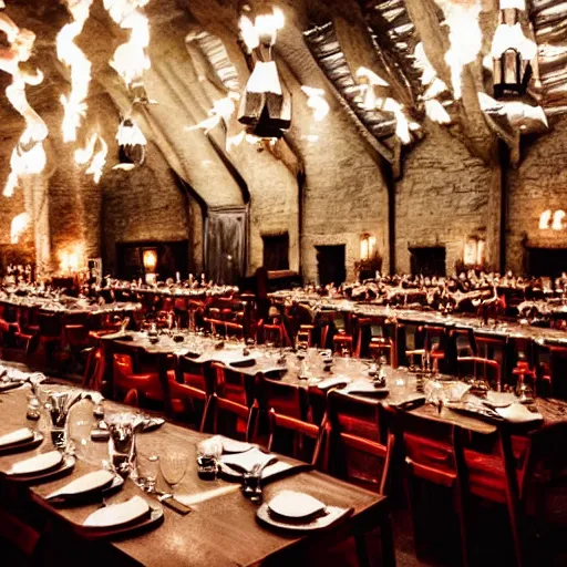 Image similar to feast for hundreds of people. candles, warm ambient light, hogwarts, beautiful, stone walls, hot food, delicious, steaming food on plates, gluttony, digital art, epic. candlelight, firelight, happiness and joy, ghosts flying around, harry potter students, warmth