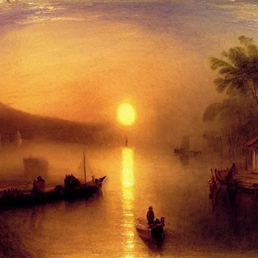 Prompt: a beautiful boat dock in a seaside fishing village, painting by asher brown durand, j. m. w turner, jasper cropsey, atmospheric, sunset, magic hour, concept art, artstation