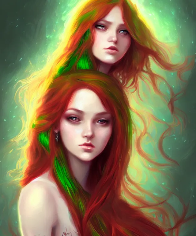 Image similar to Fae teenage girl, portrait, face, long red hair, green highlights, fantasy, intricate, elegant, highly detailed, digital painting, concept art, smooth