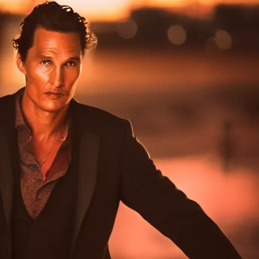 Image similar to a still of matthew mcconaughey . He's looking directly at the camera. HD. Shallow depth of field. City at night in background, lights, colors ,studio lighting, mood, 4K. Profession photography