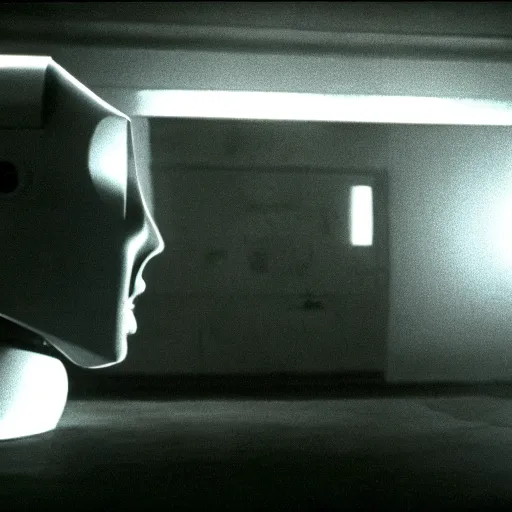 Image similar to movie scene of a man with a robot head, movie still, cinematic composition, cinematic light, criterion collection, Movie by David Lynch