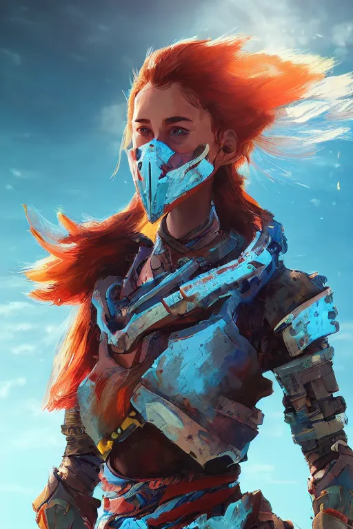 Image similar to combination suit armor aloy horizon forbidden west horizon zero dawn radiating a glowing aura global illumination ray tracing hdr fanart arstation by ian pesty and alena aenami artworks in 4 k tribal robot ninja mask helmet backpack