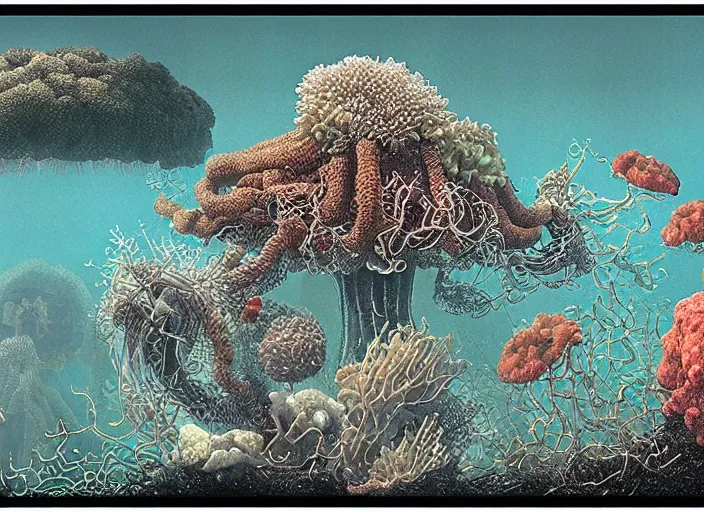 Prompt: a lot of jellyfish and coral reefs in underwater + poison toxic mushrooms surrounded by cables + long grass + broken droid + garden dwarf + mystic fog, by moebius, kim jung gi, hyperrealism, rule of third!!!!, superfine detailed, top view