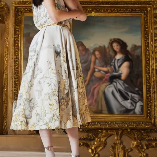 Image similar to Young lady full length shot wearing valentino resort simple sleeveless dress pale grey and white flowers in the style of baroque realism standing inside lourve, 8K, background renaissance paintings with gold