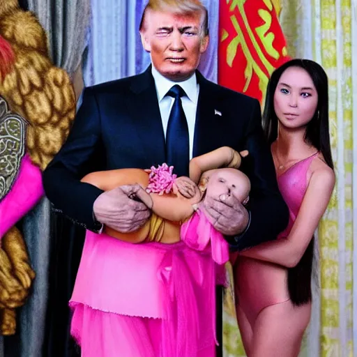 Image similar to vladimir putin as conan the barbarian holding donald trump as a princess wearing a pink dress. realistic.