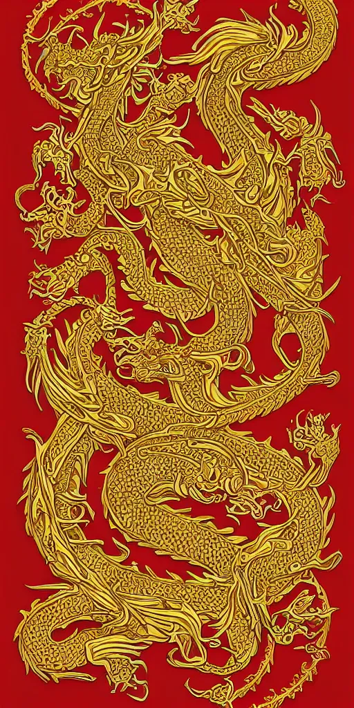 Image similar to golden paper + an intricate dragon depiction + symmetry + elaborate red illustration