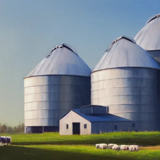 Image similar to exterior view of modern futuristic farm barn architecture, silo, feed troughs, cows, pigs, chickens, detailed luminescent oil painting 4 k