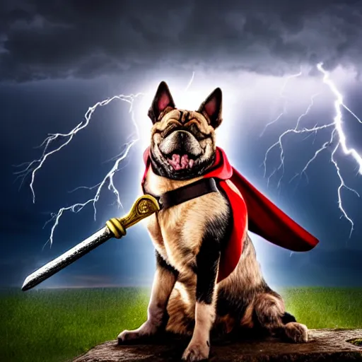 Image similar to a canine thor holding hammer with its paw, dramatic lightning background