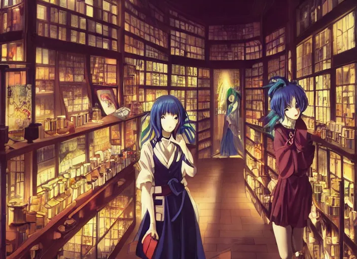 Image similar to lomography, anime, portrait of a young woman in a alchemist's potion shop interior shopping, glowing, haruhiko mikimoto, hisashi eguchi, lodoss, dynamic pose and perspective, dramatic lighting, detailed facial features, rounded eyes, sharpened image, yoshinari yoh