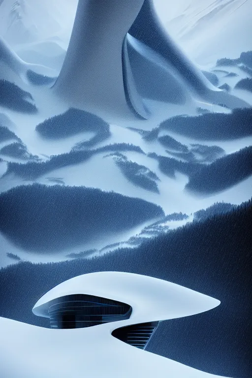 Prompt: a futuristic scene in front of a zaha hadid building in the french alps in the style of chris moore, cinematic matte painting, extreme detail photo quality, dark moody colors, snowfall, featured on behance