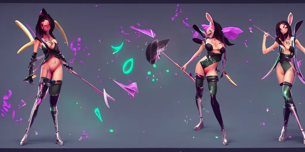 Image similar to Character sheet of Battle Bunny Akali (League of Legends) in KDA music video. 3d render, octane render, game art, realistic, highly detailed, trending on artstation, 4k, trending on artstation, pixar, cgsociety, unreal engine 5, redshift render, trending on artstation, blender, behance, cg