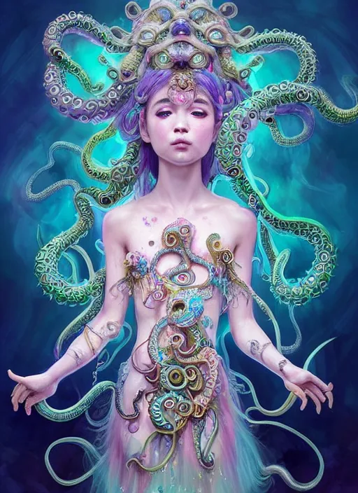 Prompt: A full body shot of a cute young magical girl wearing an ornate dress made of opals and tentacles. Monster GIrl. Subsurface Scattering. Dynamic Pose. Translucent Skin. Rainbow palette. defined facial features, symmetrical facial features. Opalescent surface. Soft Lighting. beautiful lighting. By Giger and Ruan Jia and Artgerm and WLOP and William-Adolphe Bouguereau. Photo real. Hyper-real. Photorealism. Fantasy Illustration. Sailor Moon hair. Masterpiece. trending on artstation, featured on pixiv, award winning, cinematic composition, dramatic pose, sharp, details, Hyper-detailed, HD, HDR, 4K, 8K.