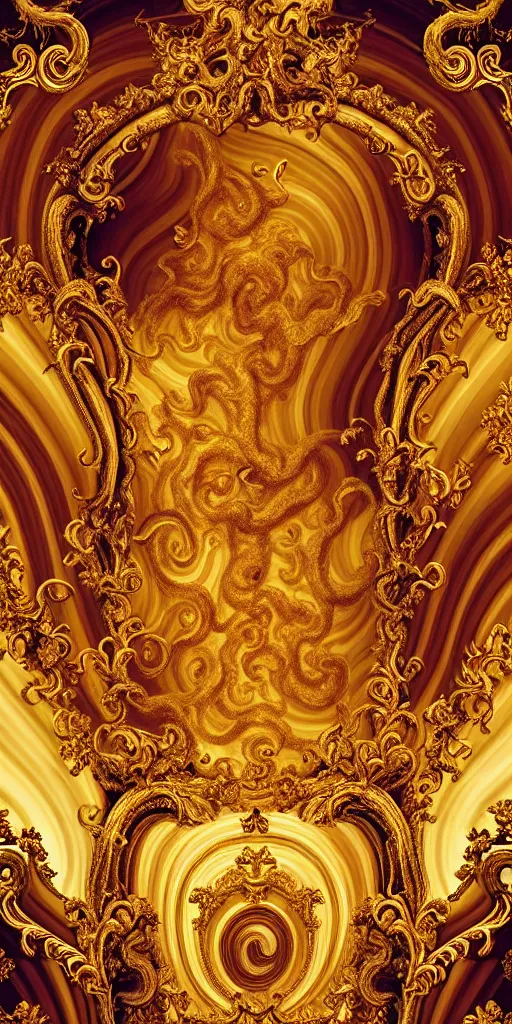 Image similar to the source of future growth dramatic, elaborate emotive Baroque and Rococo styles to emphasise beauty as a transcendental, seamless pattern, symmetrical, large motifs, rainbow liquid splashing and flowing, Queen Catherine's palace, St. Petersberg, Amber room 8k image, supersharp, spirals and swirls in rococo style, medallions, iridescent black and rainbow colors with gold accents, perfect symmetry, High Definition, sci-fi, Octane render in Maya and Houdini, light, shadows, reflections, photorealistic, masterpiece, smooth gradients, high contrast, 3D, no blur, sharp focus, photorealistic, insanely detailed and intricate, cinematic lighting, Octane render, epic scene, 8K