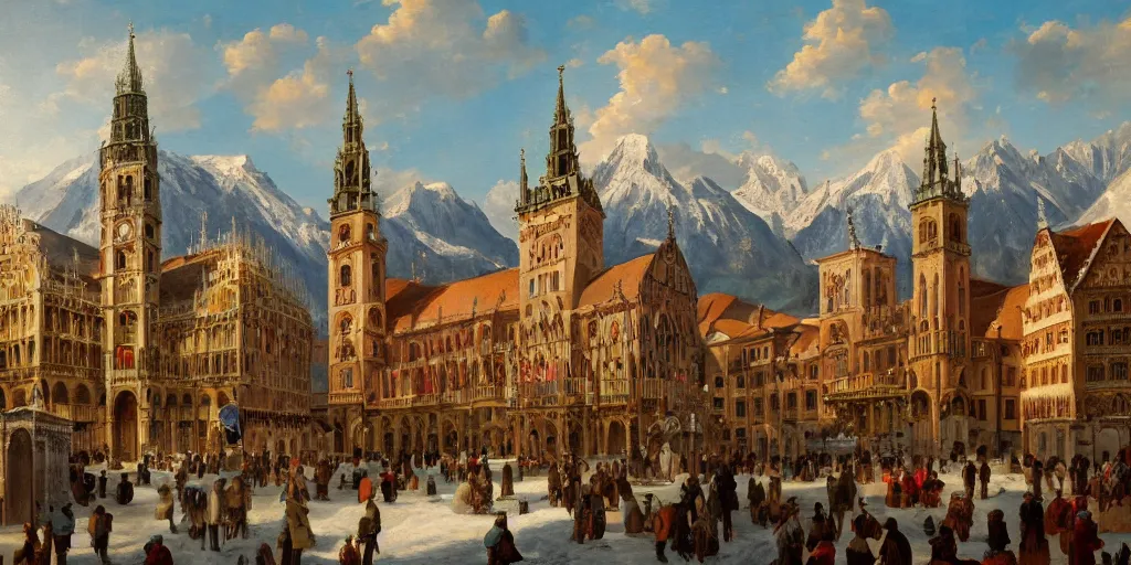 Prompt: a beautiful classical landscape painting of munich marienplatz with the alps in the distance in the background, church with two towers and onion domes, mountains, snow, oil on canvas, highly detailed, 4 k, hd