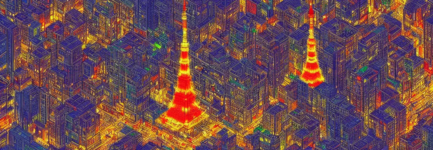 Prompt: view of a pixelart of tokyo tower, very detailed citycape at night, realistic, imaginfx, artstation, ukiuo-e and studio ghilbi style, /r/pixelart,