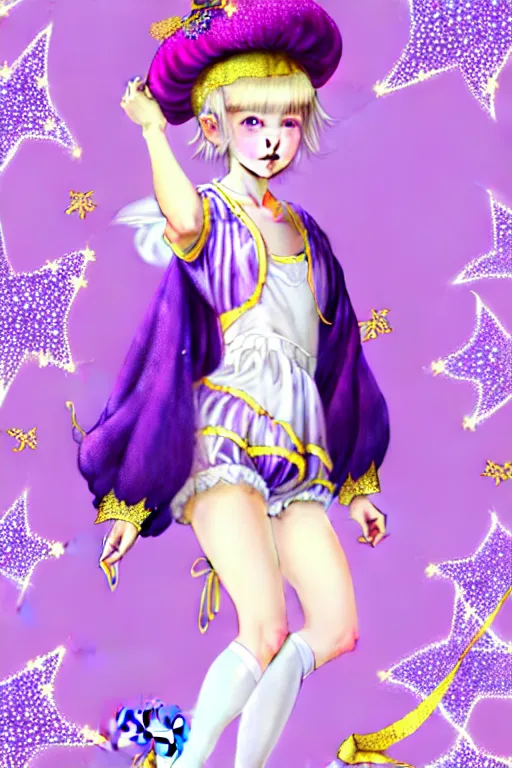 Image similar to Full View fairy maiden with short blond hair wearing an oversized purple Beret, Baggy Purple overall shorts, Short Puffy pants made of silk, silk shoes, a big billowy scarf, Golden Ribbon, and white leggings Covered in stars. covered in embroidery. Short Hair. peasant magic. masterpiece 4k digital illustration by Ruan Jia and Mandy Jurgens and Artgerm and william-adolphe bouguereau, award winning, Artstation, art nouveau aesthetic, Alphonse Mucha background, intricate details, realistic, panoramic view, Hyperdetailed, 8k resolution, intricate art nouveau