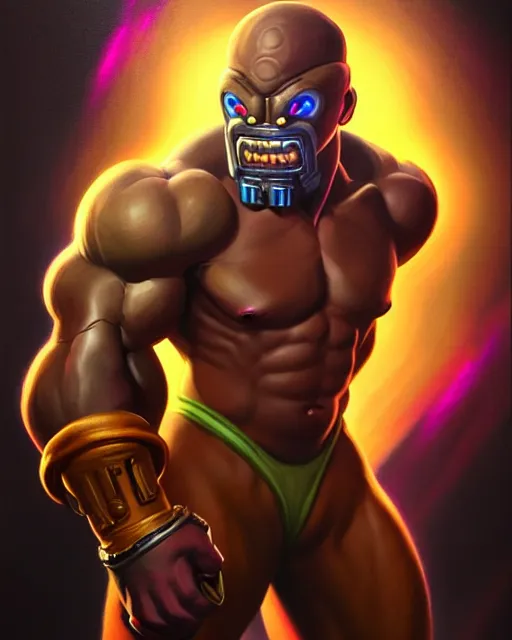 Image similar to doomfist from overwatch, elegant, confident, smug, ripped, buff, strong, colorful, fantasy, fantasy art, character portrait, portrait, close up, highly detailed, intricate detail, amazing detail, sharp focus, vintage fantasy art, vintage sci - fi art, radiant light, caustics, by boris vallejo