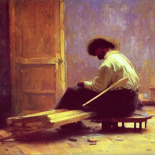 Image similar to high quality high detail painting by ilya repin, carpenter working, hd