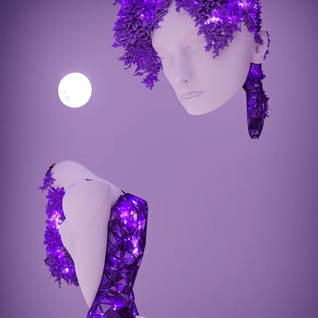 Image similar to beautiful mannequin sculpted out of amethyst by billelis + lit with 3 d geometric neon + facing a doorway opening with neon pink geometric fractal light + flowering hosta plants!!!, moon in background!, rule of thirds, clean linework, dramatic, award winning, 4 k, trending on artstation, photorealistic, volumetric lighting, octane render