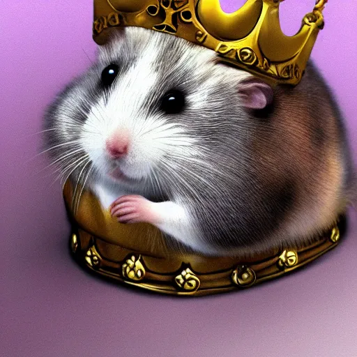 Image similar to A king hamster with a crown and a coat, digital art, highly-detailed, artstation cgsociety masterpiece